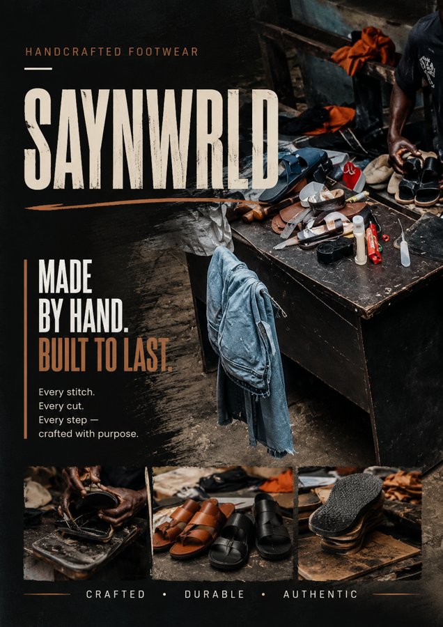 SAYNWRLD handcrafted footwear brand poster